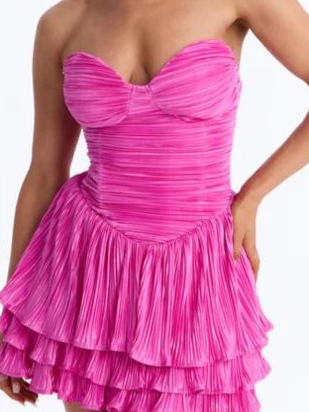 Strapless Pleated Tiered Mini Dress - Hot Pink